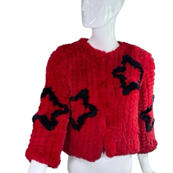 BELLE VERE Small FAB Faux Fur Jacket BIG STAR Red Black Open/Closed Wear - Picture 8 of 16